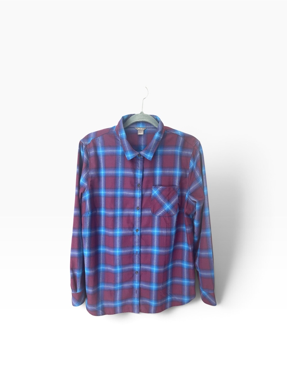 Eddie Bauer Burgundy and Blue Plaid Women's Button-Down Shirt